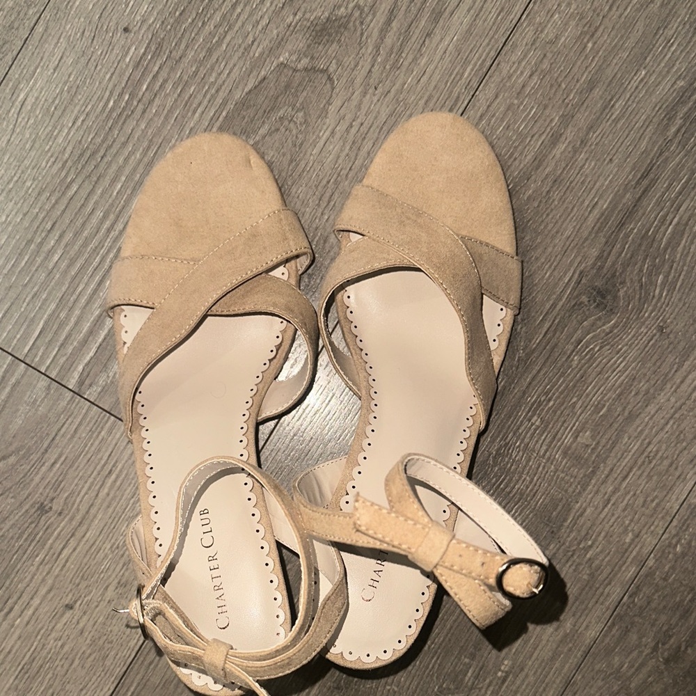 Charter Club Beige Cross-Strap Block Heel Sandals